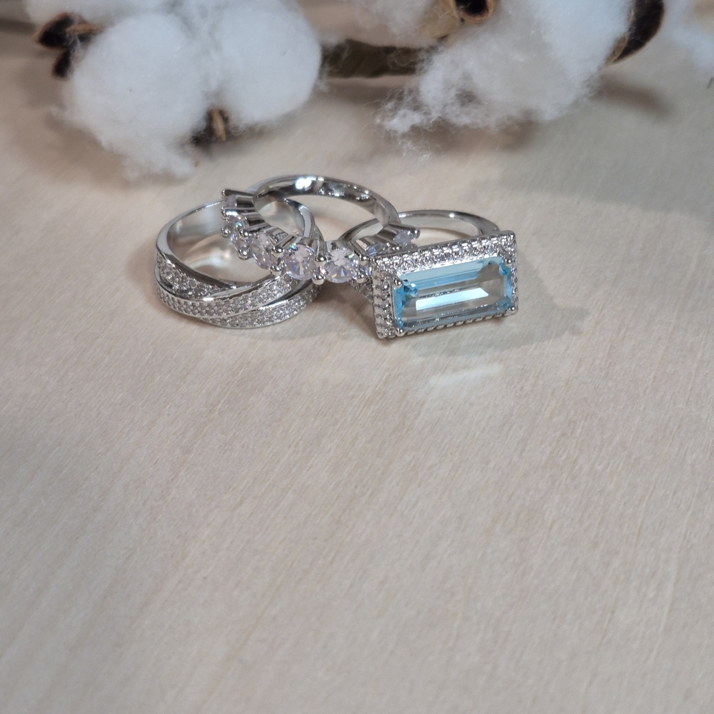🩵🩶NEW🩵🩶 STUNNING!! Vintage 3PC Set Aquamarine CZ'S Rings In SILVER Plating - Picture 6 of 16